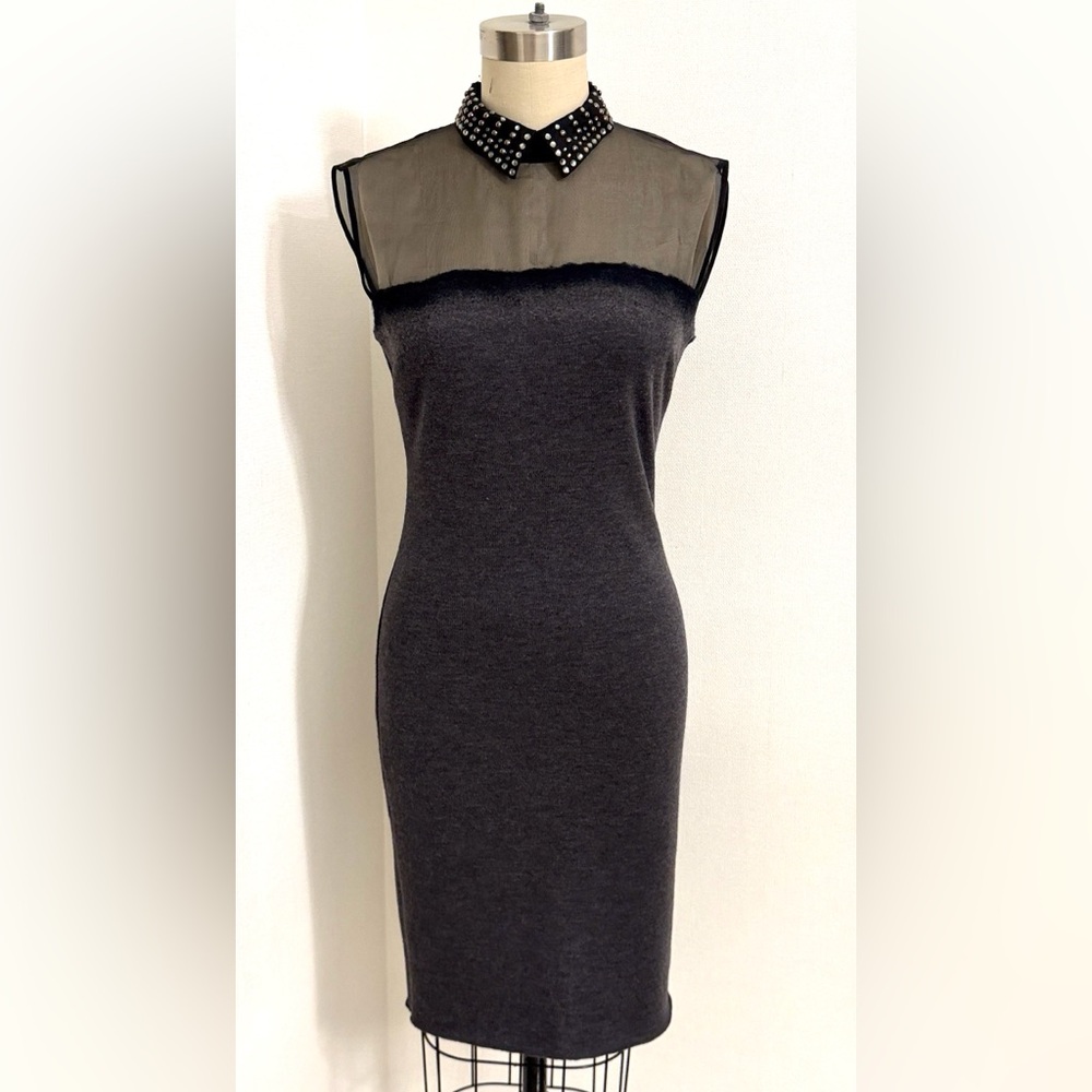 Alberta Ferretti Gray/Black slip on wool Dress with Studded Collar, Size S-M.